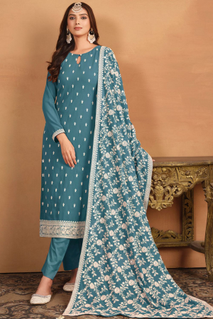 Teal Blue Embroidered Faux Georgette Pant Kameez