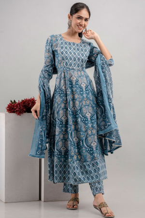 Teal Blue Embroidered Rayon Cotton Pant Kameez