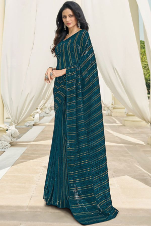 Teal Blue Georgette Embroidered Sequins Embroidered Saree