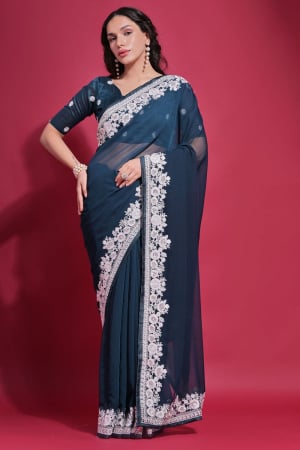 Teal Blue Georgette Party Wear Saree