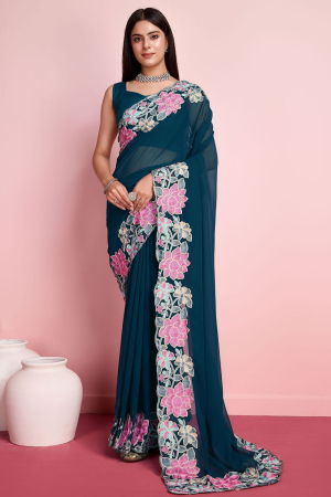 Teal Blue Georgette Silk Embroidered Party Wear Saree