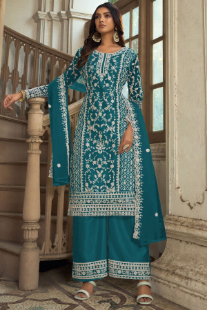 Teal Blue Heavy Butterfly Net Palazzo Suit
