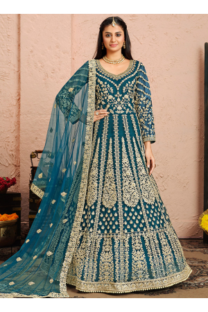 Teal Blue Heavy Embroidered Net Anarkali Suit