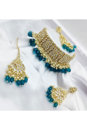 Teal Blue Kundan Studded Necklace Set