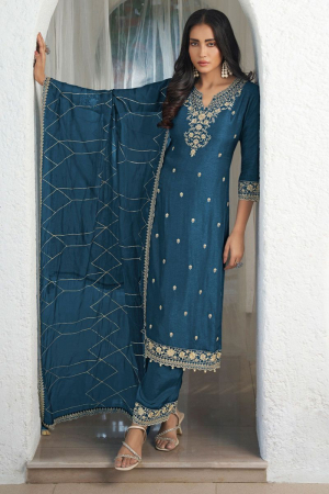 Teal Blue Kurta Suit Set with Floral and Geometric Pattern Thread Work 