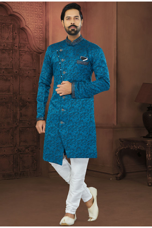 Teal Blue Mens Designer Indo Sherwani