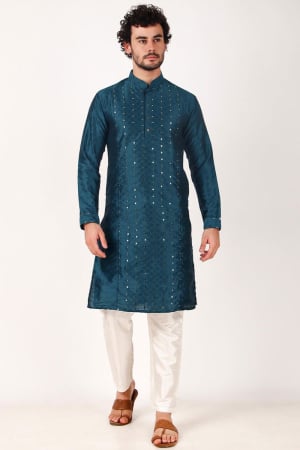 Teal Blue Mirror Work Art Silk Kurta Set