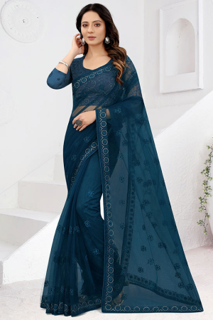 Teal Blue Net Embroidered Saree