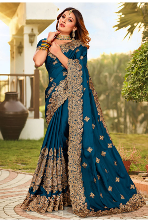 Teal Blue Pure Satin Embroidered Saree
