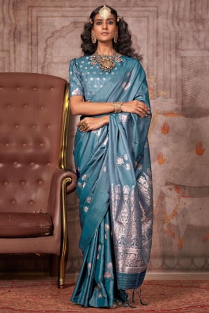 Teal Blue Pure Satin Silk Saree