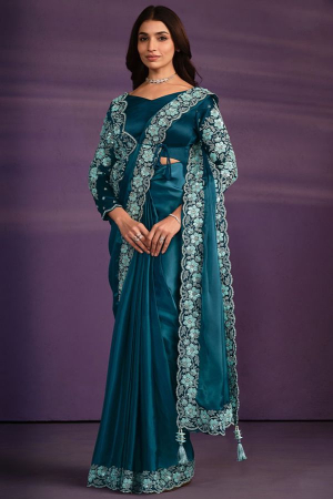 Teal Blue Ready To Wear Party Wear Saree