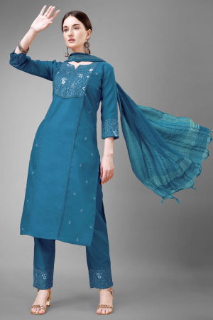 Teal Blue Readymade Cotton Pant Kameez Suit
