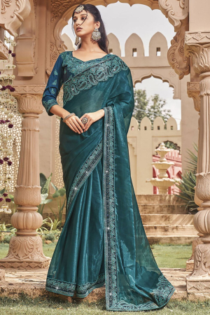 Teal Blue Shimmer Saree with Embroidered Blouse