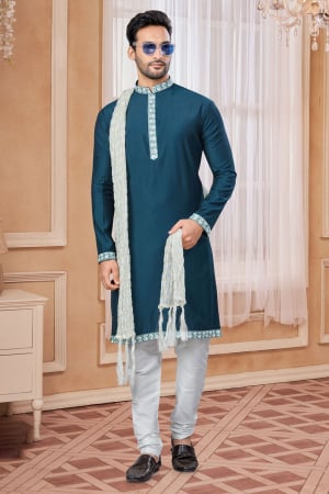 Teal Blue Silk Embroidered Kurta Set