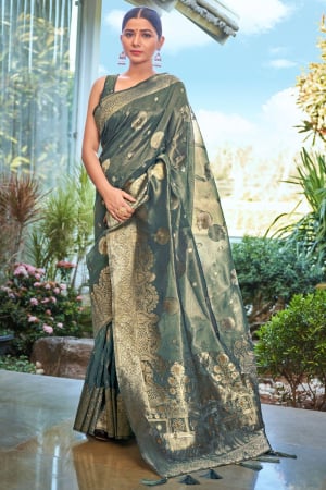 Teal Blue Woven Shimmer Silk Saree