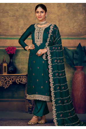Teal Embroidered Pure Silk Trouser Kameez