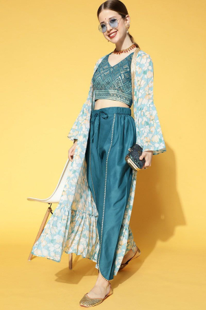 Teal Georgette Flared Top and Dhoti Pant Set