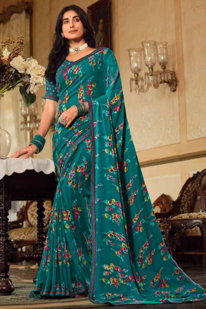 Teal Green Casual Wear Georgette Saree