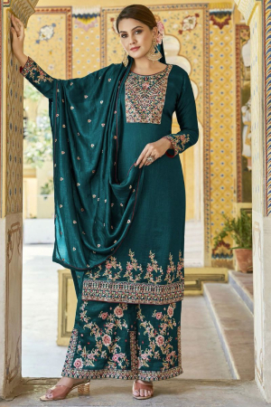 Teal Green Embroidered Silk Palazzo Kameez