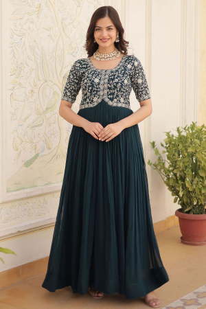 Teal Green Faux Georgette Embroidered Gown