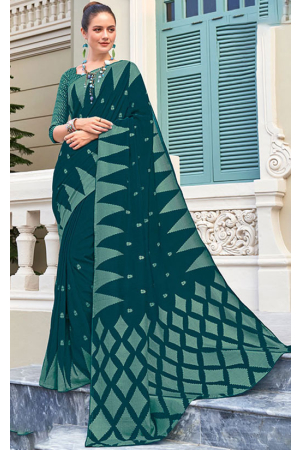 Teal Green Printed Casual Saree