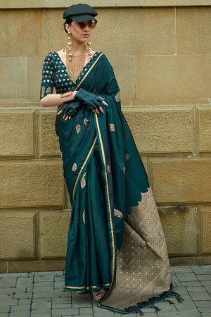 Teal Green Pure Handloom Weaving Satin Silk Saree