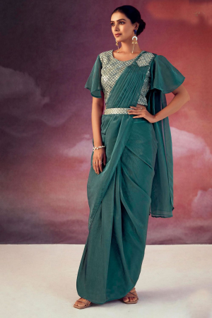 Teal Green Silk Designer Ready to Wear Saree