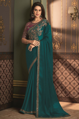 Teal Green Silk Saree with Embroidered Blouse