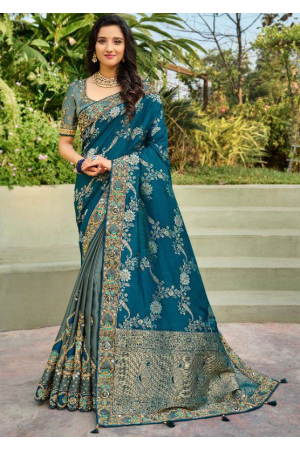 Teal Grey and Peacock Blue Embroidered Saree