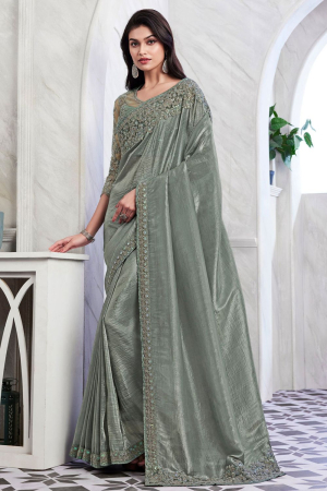Teal Grey Designer Saree with Embroidered Blouse