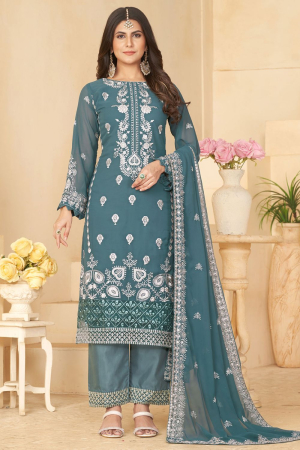 Teal Grey Embroidered Faux Georgette Trouser Kameez