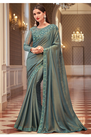 Teal Grey Embroidered Georgette Shimmer Saree