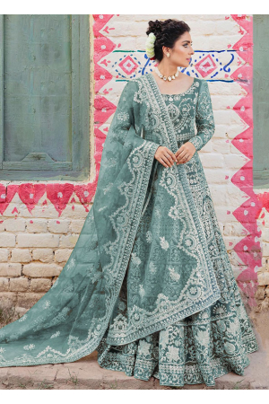 Teal Grey Embroidered Net Anarkali Gown with Dupatta