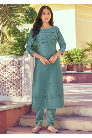 Teal Grey Embroidered Silk Kurti with Pant