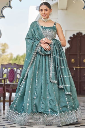Teal Grey Embroidered Silk Lehenga Choli for Ceremonial