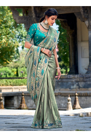 Teal Grey Gadhwal Silk Designer Saree