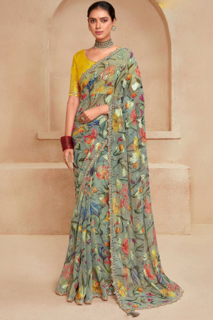 Teal Grey Georgette Saree with Embroidered Blouse