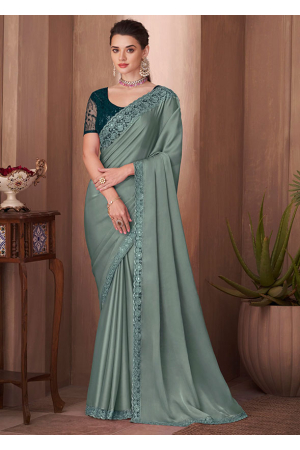 Teal Grey Silk Saree with Embroidered Blouse