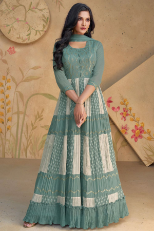 Teal Mint and Cream Georgette Anarkali Gown with Dupatta