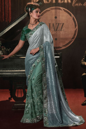 Teal Mint and Ombre Grey Hand Embroidered Designer Saree