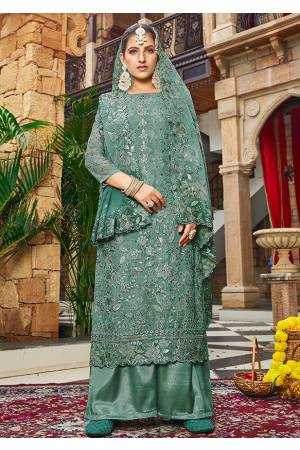 Teal Mint Embroidered Georgette Palazzo Kameez