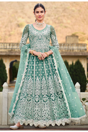 Teal Mint Embroidered Net Anarkali Suit