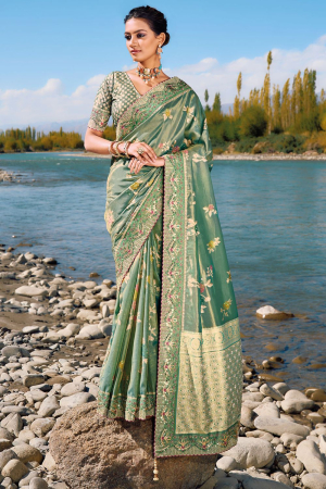 Teal Mint Pure Banarasi Zari Designer Saree