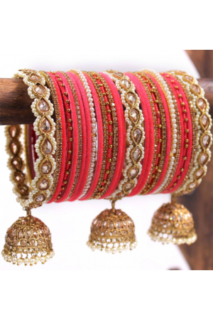 Tomato Red Pealrs and Stone Work Bangles with jhumki