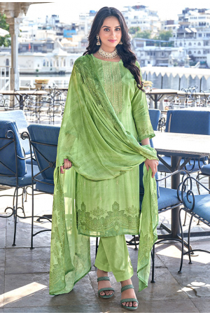 Pistachio Green Embroidered Pure Muslin Pant Kameez