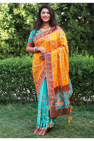 Turquoise and Golden Yellow Embroidered Silk Saree
