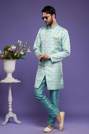Turquoise Banarasi Jacquard Indo Western Outfit