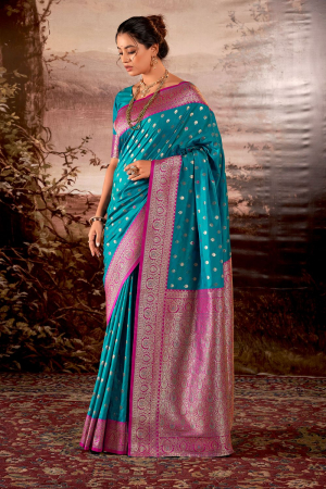 Turquoise Banarasi Silk Woven Saree
