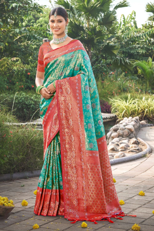 Turquoise Banarasi Silk Woven Saree