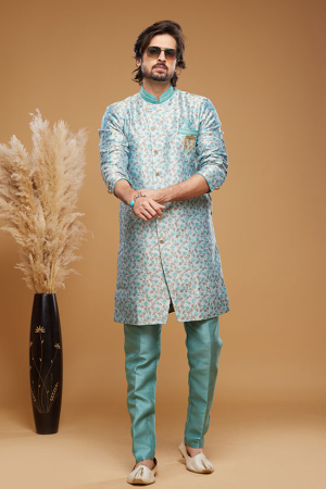 Turquoise Blue Banarasi Jacquard Indo Western Outfit